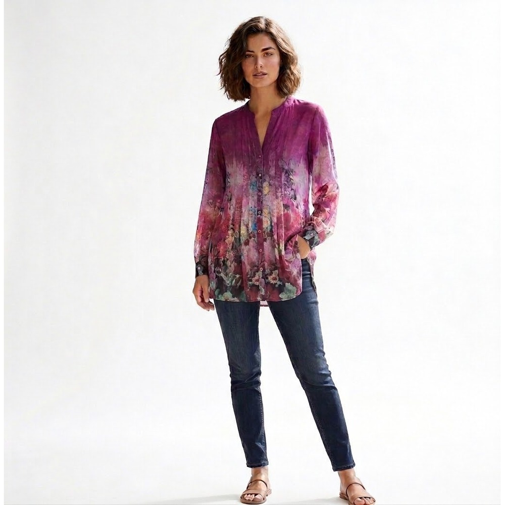 Soft Surroundings Magenta Floral Watercolor Pleated Tunic Blouse Women M Sheer